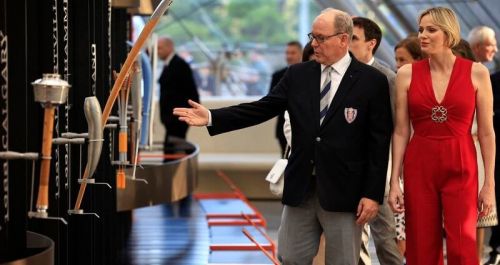 Prince Albert and Princess Charlene visit collection of Olympic torches ahead of attending the opening ceremony in Paris on Friday 